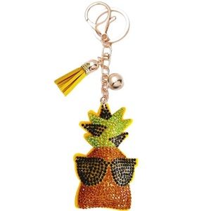 Bling Rhinestone Pineapple with Sunglasses  Puffy Tassel Keychain